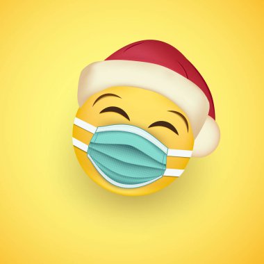 Koruyucu cerrahi maske ve Noel Baba şapkası takan gülen surat. Coronavirus salgını ikonu. Hastalığın yayılmasını önlemek için tıbbi maske takın. Vektör