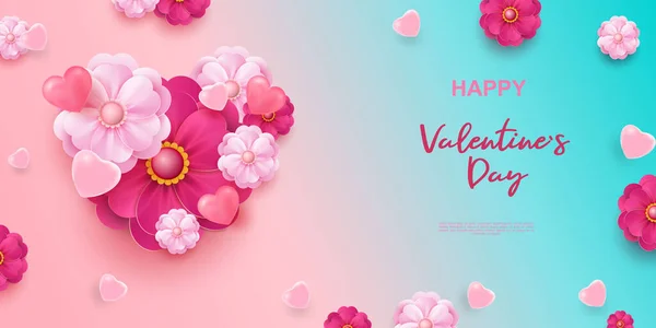 Realistische Kleurrijke Romantische Valentijn Achtergrond Met Harten Bloemen Fijne Valentijnsdag — Stockvector