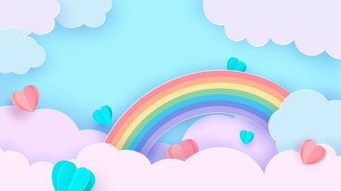 Sevgililer Günü arkaplanında bulutların arasında uçan kalp şeklinde bir balon vardı. Origami tarzında romantik kağıt sanatı. Vektör