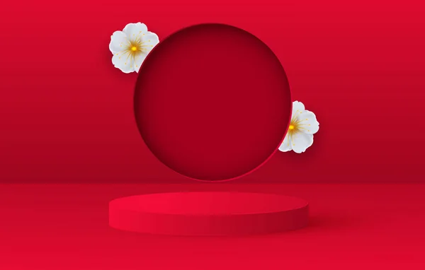 3d weergave van de liefde valentijn stadia achtergrond of textuur. Helder rood feestelijk podium of voetstuk achtergronden.Bloemendecoraties Vector — Stockvector