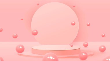 Topları ve bulutları olan bir podyum kutusunun 3 boyutlu görüntüsü. Zıplayan toplar, pastel arka planlar, podyum ya da kaide. Vektör illüstrasyonu