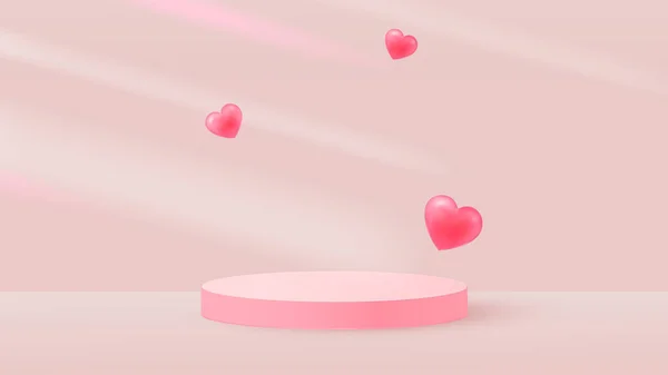 Escena minimalista con podio cilíndrico rosa y corazones voladores. Sombras que caen. Escena para la demostración de un producto cosmético, escaparate. Vector — Vector de stock