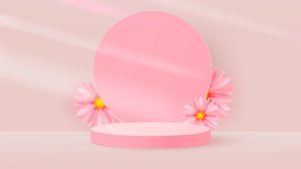 Minimalistická scéna s růžovým válcovitým pódiem, kulatým rámem a jarními květy. Scéna pro ukázku kosmetického přípravku, vitrína. Vektor — Stockový vektor