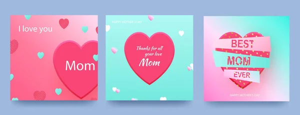 Conjunto de tarjetas para el Día de la Madre con corazones rosados en un fondo degradado.Vector en forma de corazón símbolos de amor para el diseño de tarjetas de felicitación del Día de la Madre Feliz. Vector — Vector de stock