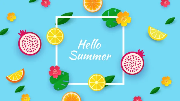Olá Verão Desenho Com Formas Papel Corte Frutas Folhas Tropicais — Vetor de Stock