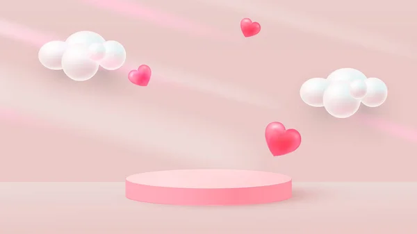 Escena minimalista con podio cilíndrico rosa y corazones voladores. Sombras que caen. Escena para la demostración de un producto cosmético, escaparate. Vector — Vector de stock