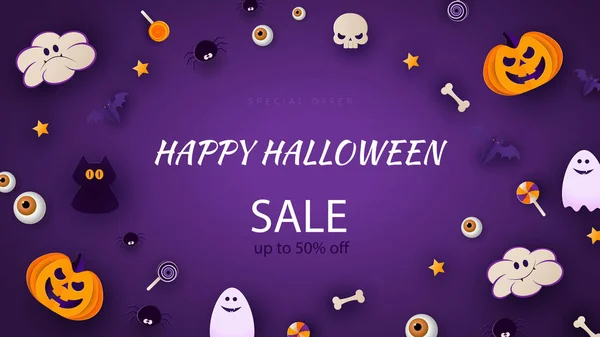 Boldog Halloween Banner Vagy Party Meghívó Háttér Hold Denevérek Vicces — Stock Vector