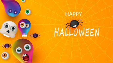 Cadılar Bayramı bayrağınız kutlu olsun ya da parti turuncu arka planda örümcekler ve canavarlar var. Vektör illüstrasyonu.