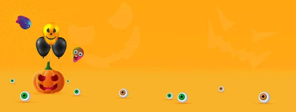 万圣节快乐节日背景现实的3D橙色南瓜与切割可怕的微笑，氦气气球和鬼魂。节日海报、传单、小册子和封面模板。B.病媒 — 图库矢量图片