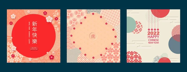 Набор открыток для празднования китайского Нового года тигра с традиционными узорами и символами. Перевод с китайского - С Новым годом, символ тигра — стоковый вектор