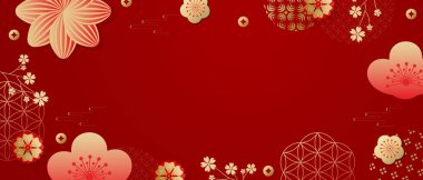 Çin Yeni Yılı 2026. Kapaklar, kartlar, posterler ve afişler için çiçekler, madeni paralar ve bulutlar içeren kırmızı, altın ve beyaz bir modern tasarım. Selamlama şablonu