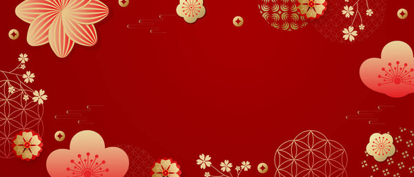 Chinese New Year 2026. A modern design in red, gold, and white with flowers, coins, and clouds for covers, cards, posters, and banners. Greeting template