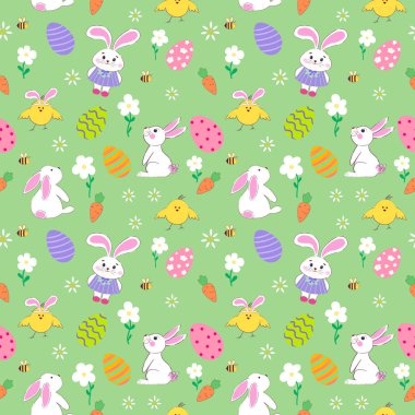 Seamless pattern with cute bunnies, Easter eggs, chicks, and tiny flowers. Cute hand-drawn bunnies and chicks. Perfect for textiles, wallpaper, and wrapping paper. Vector