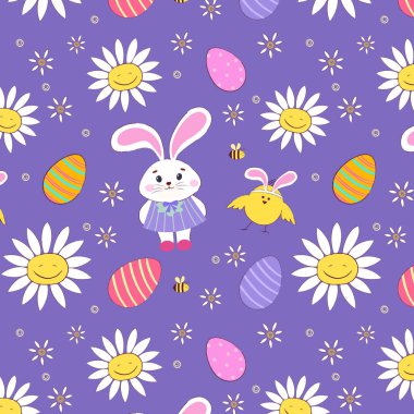 Seamless pattern with cute bunnies, Easter eggs, chicks, and tiny flowers. Cute hand-drawn bunnies and chicks. Perfect for textiles, wallpaper, and wrapping paper. Vector