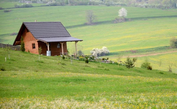 Casa de campo de madera en medio de prados en primavera — Foto de Stock