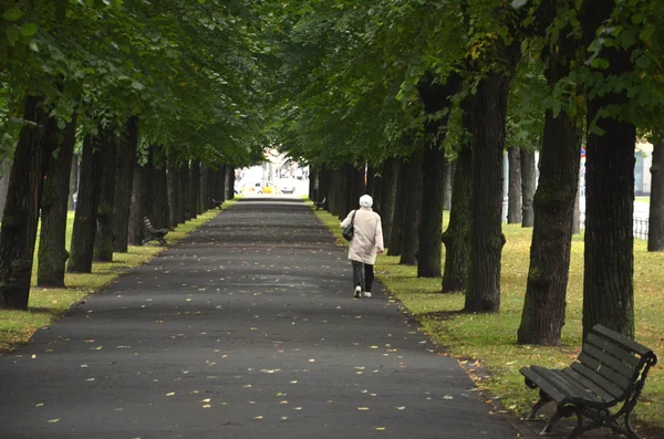 Riga / Letland - 26 juli 2013: oude vrouw is wandelen alleen onder de bomen in een park — Stockfoto