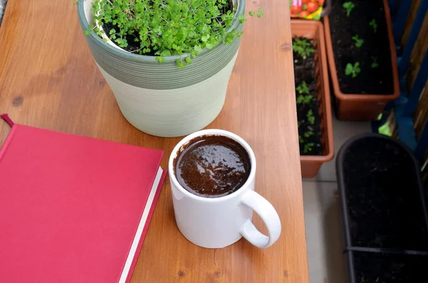Livro vermelho, xícara de café e planta verde em vaso na mesa pequena varanda — Fotografia de Stock