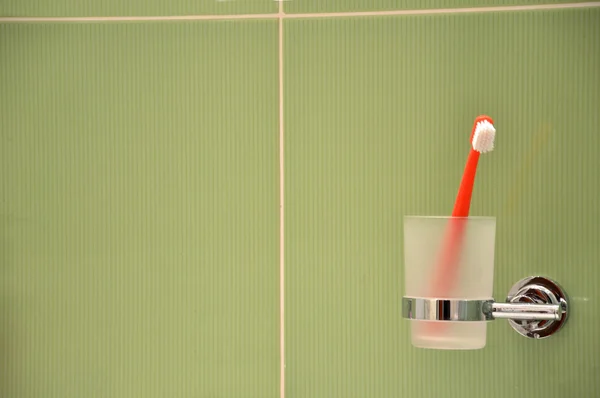 Spazzolino da denti in vetro in metallo fissato a parete in bagno — Foto Stock