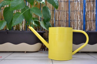 Sarı metal sulama olabilir biber bitkilerin çiçek kutularındaki yanındaki balkon