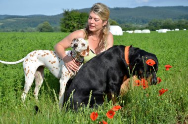 Genç kadın ile onun büyük köpekler yeşil çayır üzerinde poz veriyor 
