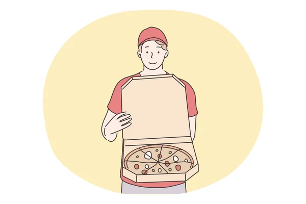 Pizza, σπίτι fastfood έννοια παράδοσης. — Διανυσματικό Αρχείο