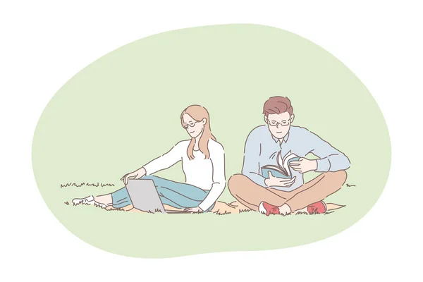 Пікнік, розслабляється, відпочиває в парку з книгою і концепцією ноутбука — стоковий вектор