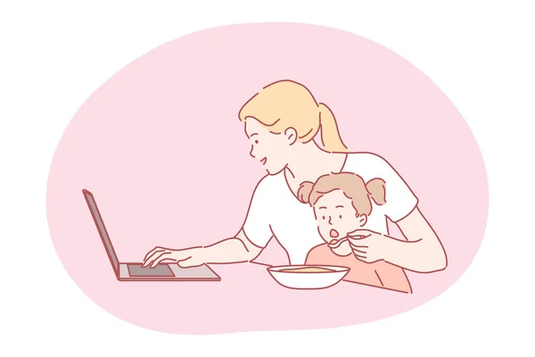 Work, multitasking, motherhood, mothers day concept — Stockvector