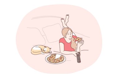 Pizza teslimatı, yatakta dinlenme, sinema ve pizza konsepti.
