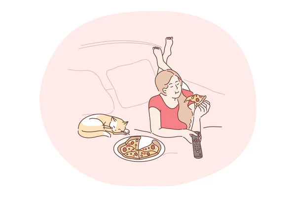 Pizza teslimatı, yatakta dinlenme, sinema ve pizza konsepti. — Stok Vektör