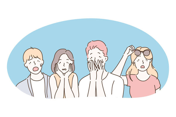 Шок, удивление, разочарование, тревога, беспокойство, замешательство, паника концепция