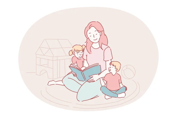 Счастливого отдыха и занятий дома с детьми концепция — стоковый вектор
