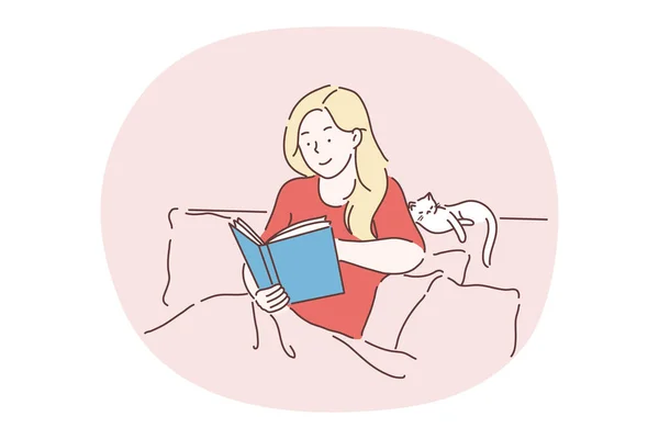 Ler, relaxar em casa com livro e gato, ficar na cama conceito —  Vetores de Stock