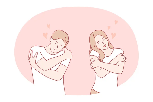 Amor, ternura, abrazo, cuidado, romance, coqueteo, concepto de citas — Vector de stock