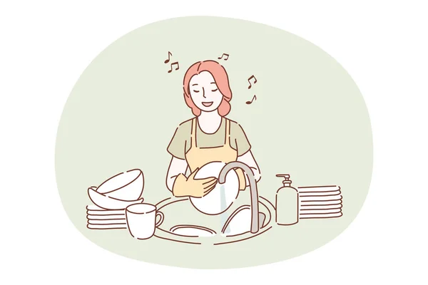 Lavagem de pratos, tarefas domésticas, conceito de limpeza — Vetor de Stock