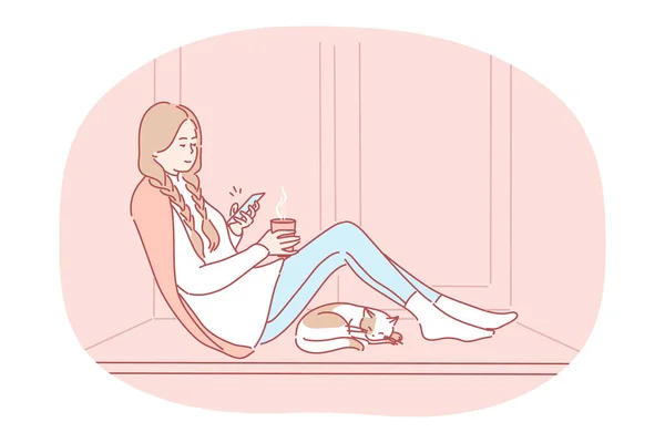 Détente confortable à la maison avec smartphone et boisson chaude — Image vectorielle