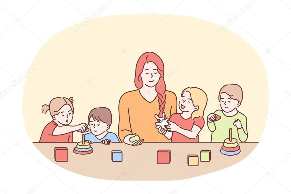 Nanny in kindergarten, babysitter, babysitting concept