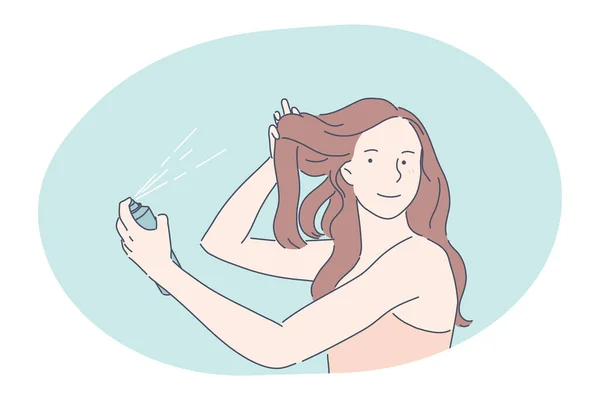 Hairspray, coiffage, soins capillaires, coiffure, concept de cosmétiques capillaires — Image vectorielle