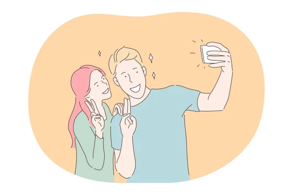 Selfie, Fotos auf dem Smartphone machen, bloggen, Online-Konzept teilen — Stockvektor