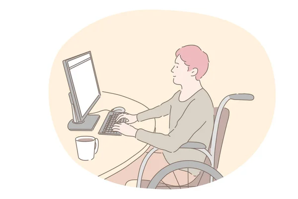 Άτομα με ειδικές ανάγκες σε αναπηρική καρέκλα που ζουν ευτυχισμένη ενεργό τρόπο ζωής έννοια — Διανυσματικό Αρχείο