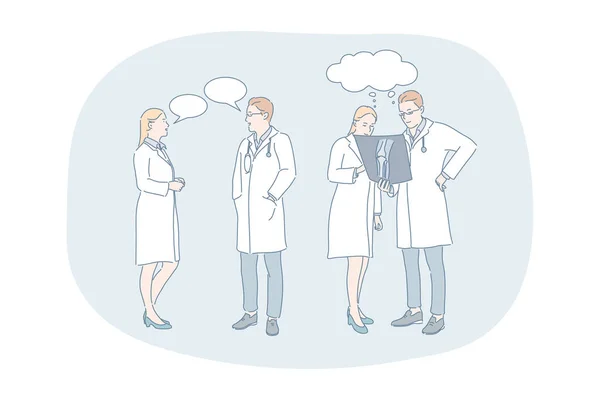 Salud, medicina, medicina, doctores concepto de comunicación y discusión — Vector de stock