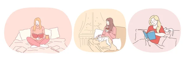 Relaxation with book at home, lazy bedding time concept — 스톡 벡터