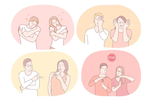 Couple exprimant différentes émotions et signes avec concept mains — Image vectorielle