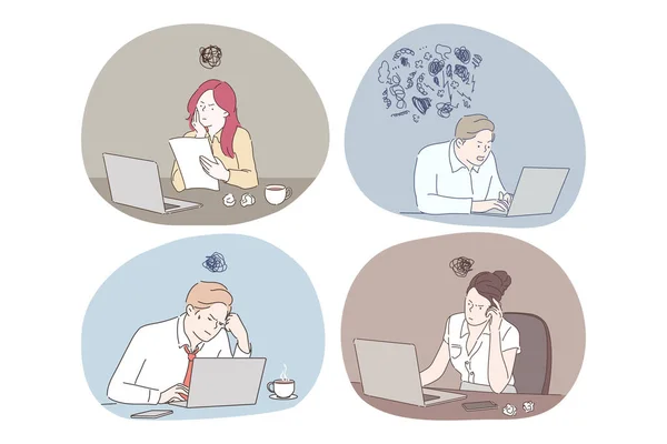 Online work, thinking during work with laptop in office concept — Διανυσματικό Αρχείο