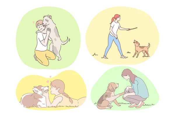 Set of happy young people training, walking and enjoying company of dogs — Vector de stock