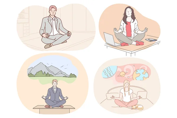 Meditation, relaxation, reaching harmony during working day and before sleep — Archivo Imágenes Vectoriales