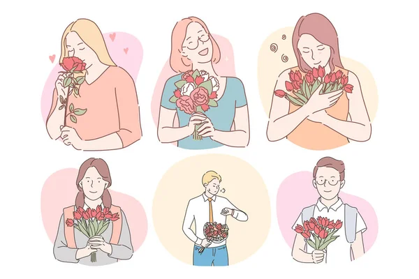 Bouquets de fleurs comme cadeaux pour femme concept — Image vectorielle