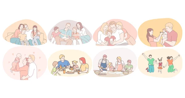 Szczęśliwa rodzina, rodzicielstwo, ciesząc się koncepcją czasu z dziećmi — Wektor stockowy