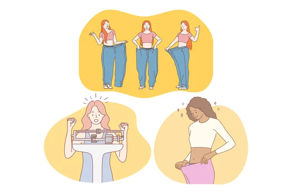 Perder peso, magro, dieta, figura, boa forma, perda de peso, conceito de beleza —  Vetores de Stock