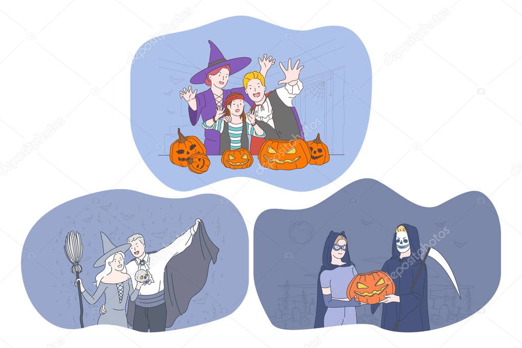 Celebrating Halloween holiday in spooky costumes concept