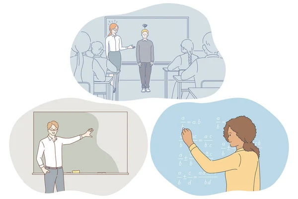 Tanulás az iskolában, tanuló, tanár koncepció — Stock Vector